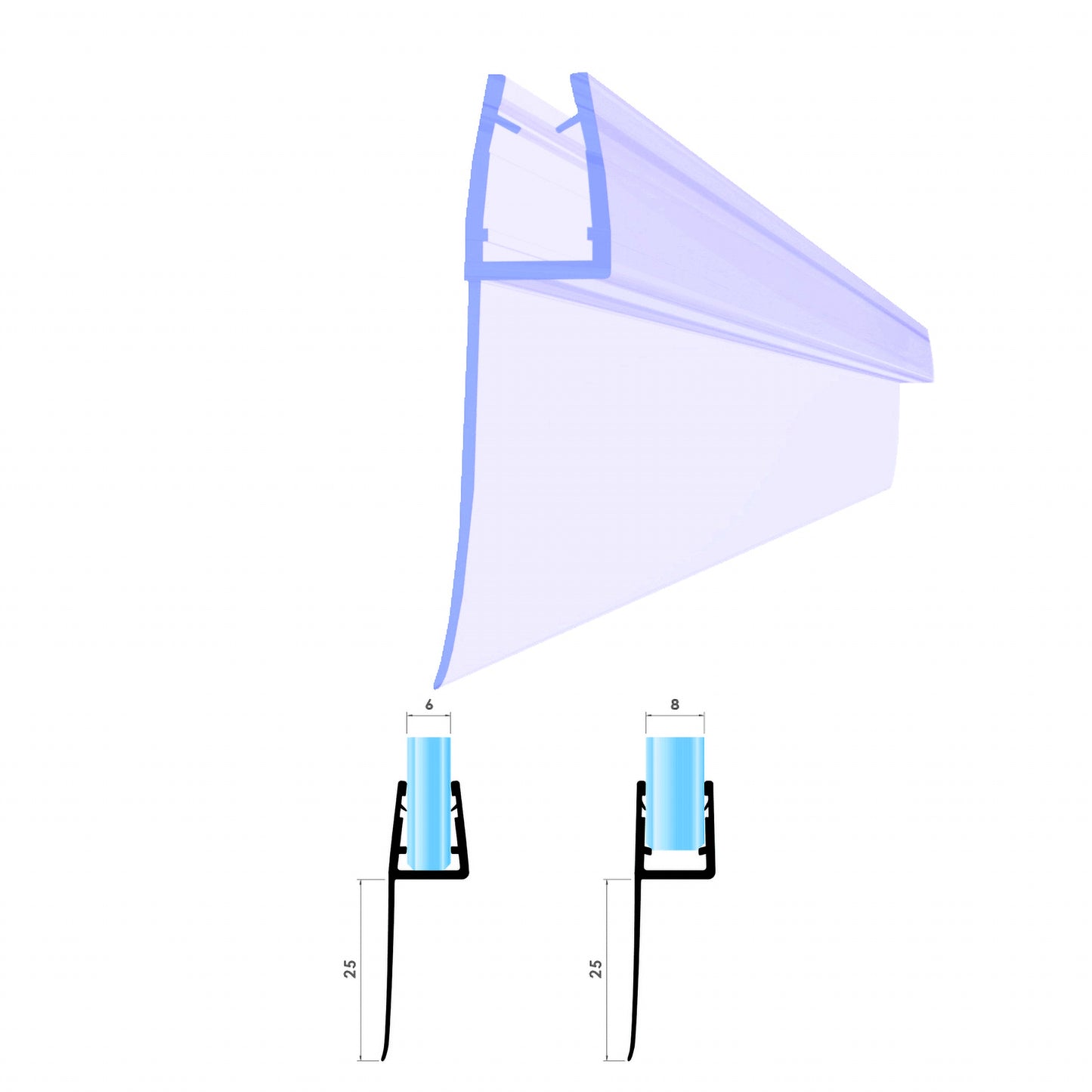 Von Adelberg Duschdichtung Gerade PVC Ersatzdichtung Wasserabweiser Duschprofil VA022-25 - Glasstärke 6 bis 8 mm - 200 cm Länge - Profil-Profi