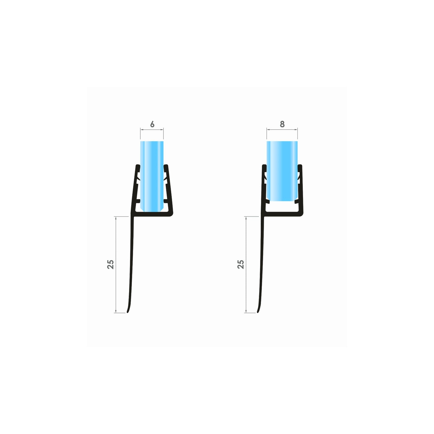 Von Adelberg Duschdichtung Gerade PVC Ersatzdichtung Wasserabweiser Duschprofil VA022-25 - Glasstärke 6 bis 8 mm - 200 cm Länge - Profil-Profi
