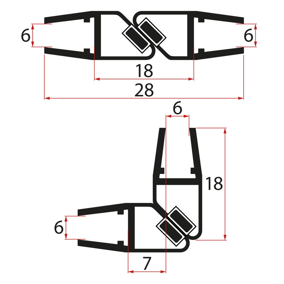 2 Magnetische Duschdichtungen Schwarz 90 Grad I Für Glasstärken 6 bis 8 mm Längen 180 bis 200 cm